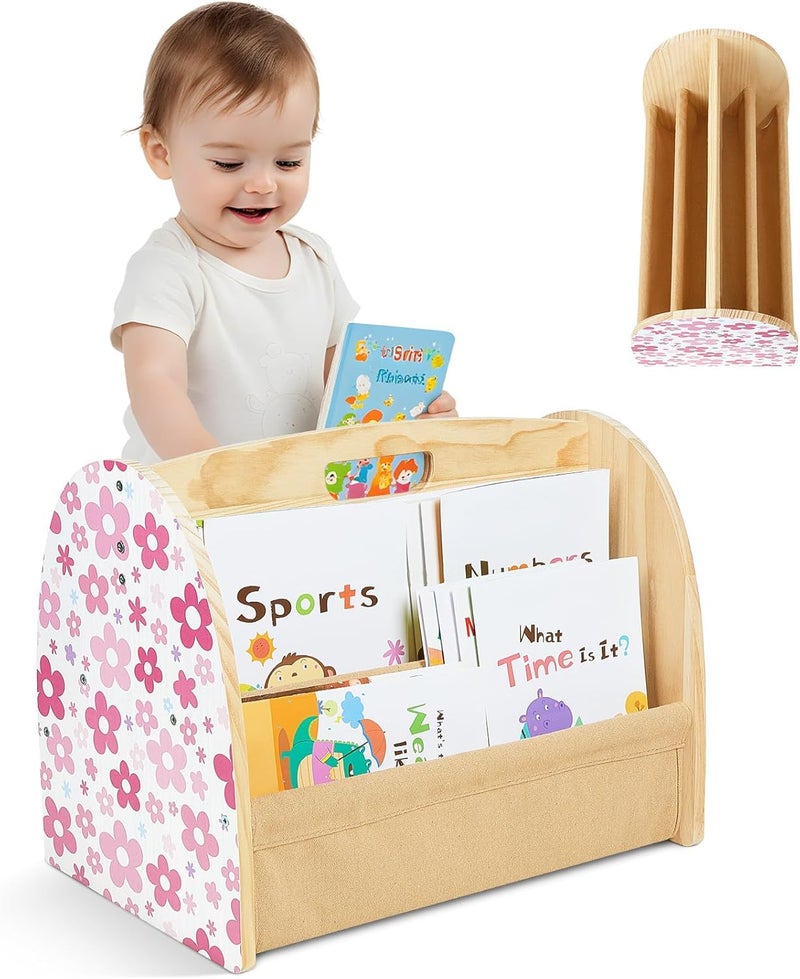 SheSeek Toddler Bookshelf Double-Sided with 4 Tier Deep Sleeves Kids Wooden Montessori Book Rack for Baby Nursery Room, Playroom, Classroom or Bedroom Bookcase Storage Organizer, Pink Flowers - Image 1